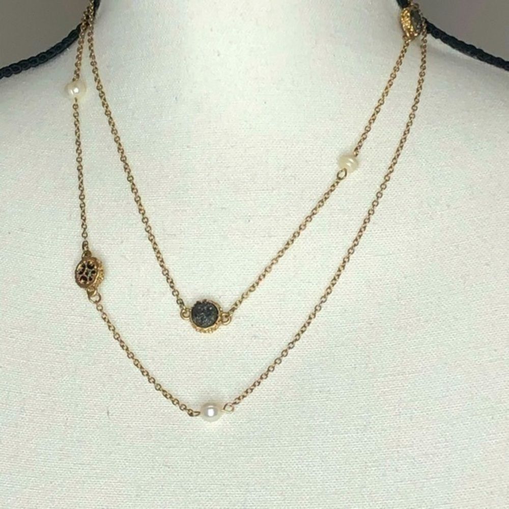 Long Druzy Necklace with Pearl Detail